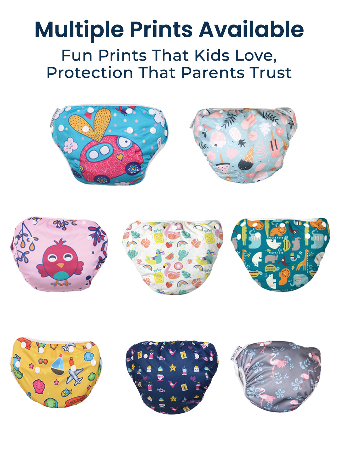 Colorful children's underwear with various patterns on a white background