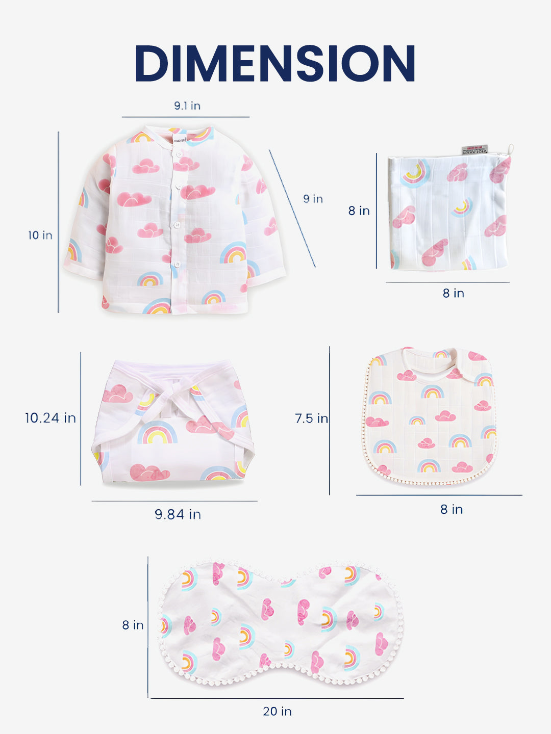 Polka Tots Newborn Pack of 6 100% Soft Double-Layer Muslin Cotton Essentials Gift Box - Rainbow Mist Print