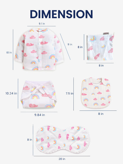 Polka Tots Newborn Pack of 6 100% Soft Double-Layer Muslin Cotton Essentials Gift Box - Rainbow Mist Print