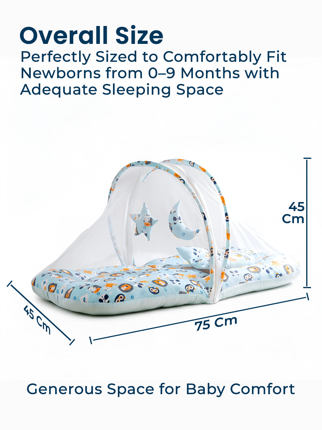 Baby crib with dimensions labeled on a white background