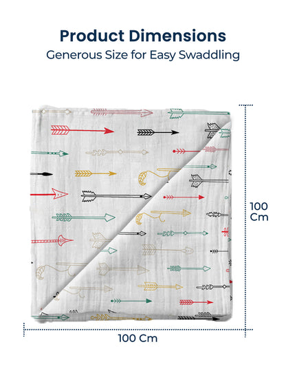Baby blanket with arrow pattern and dimensions on a white background