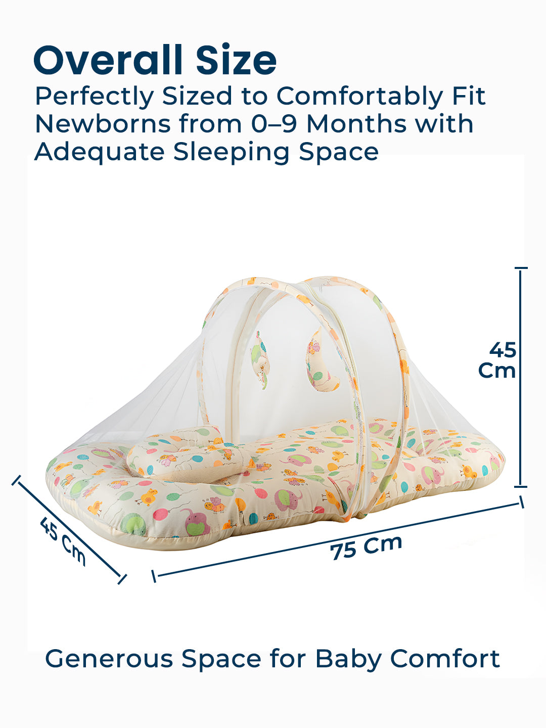 Baby crib with dimensions labeled on a white background