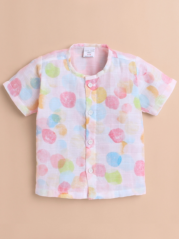 Polka Tots Soft Muslin Cotton Half sleeves Polka Dots print Jhabla and Pant Set - Multicolor