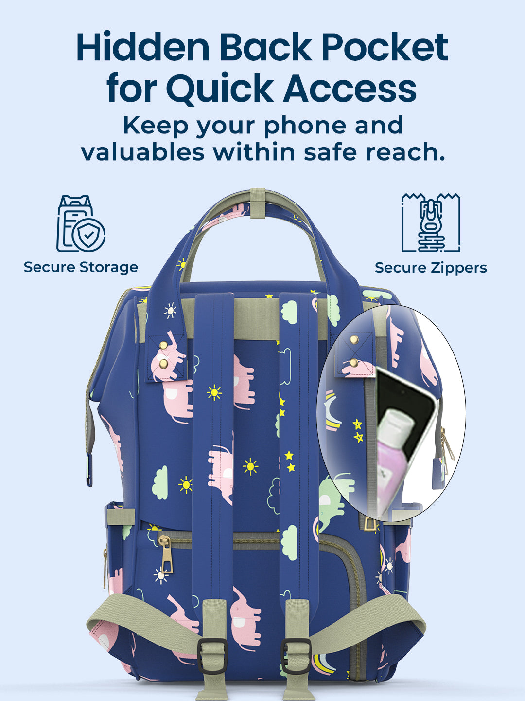 Blue backpack with animal pattern and hidden back pocket feature on a light blue background