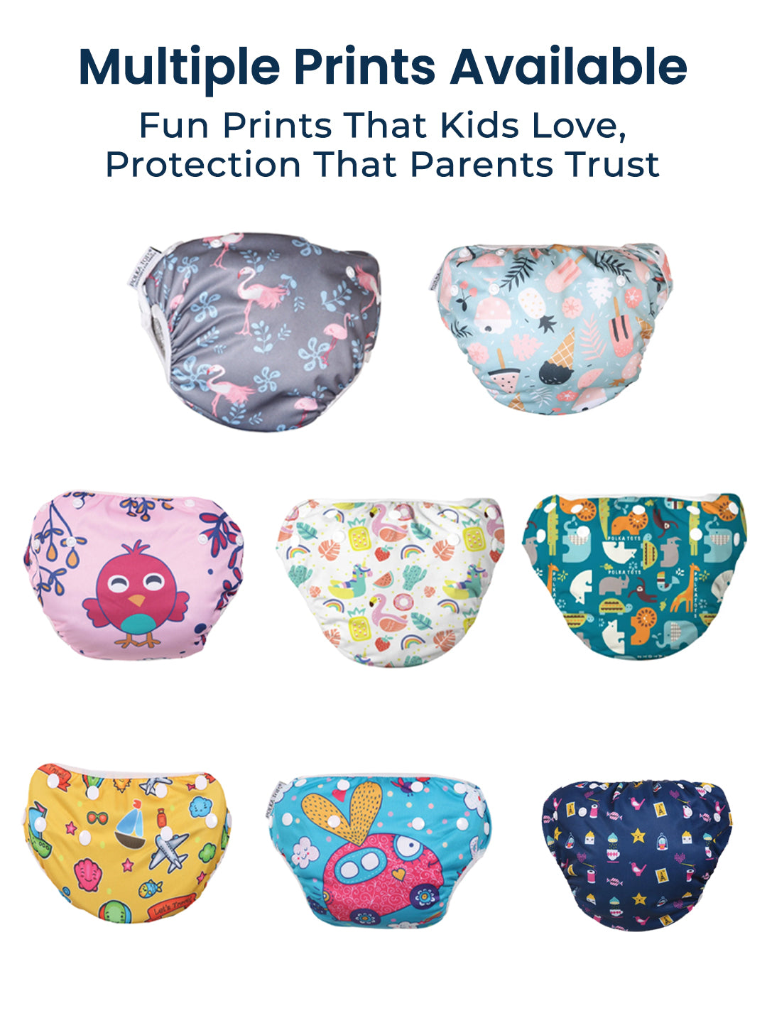 Colorful children's swim diapers with various patterns on a white background.
