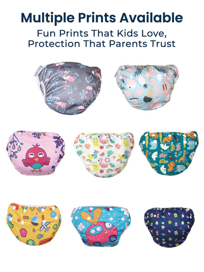 Colorful children's swim diapers with various patterns on a white background.