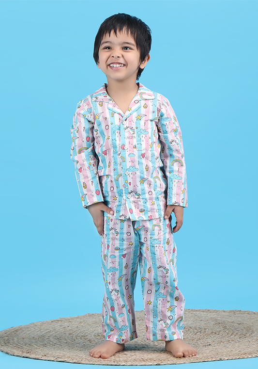 Polka Tots Full sleeves Unicorn print Stripes Night suit - Pink