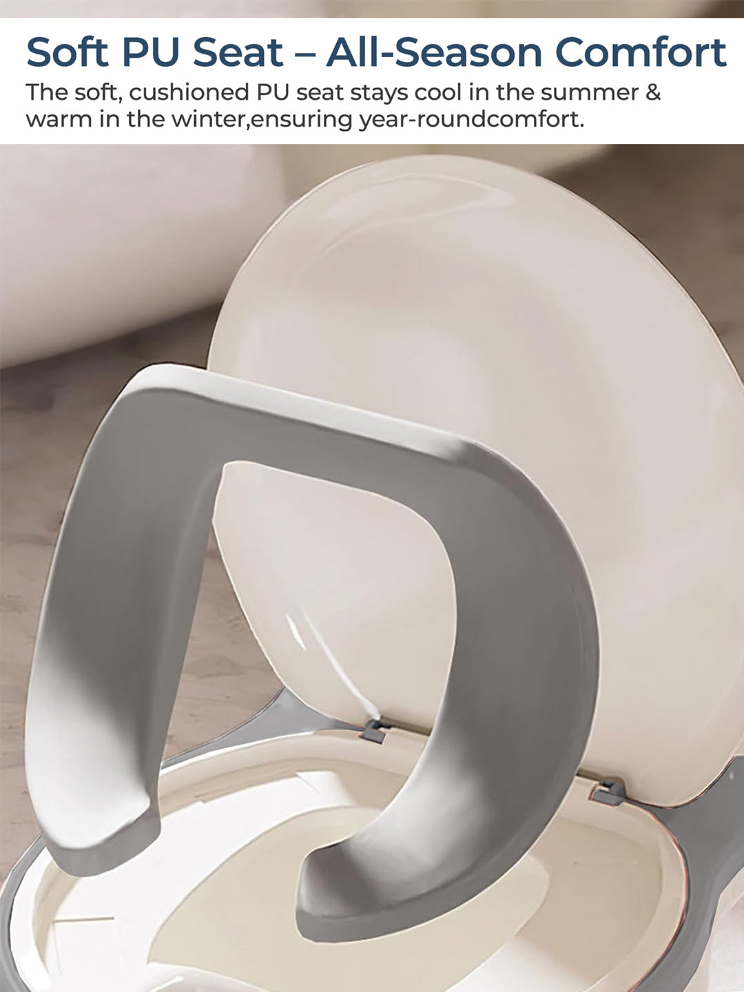 White and gray cushioned seat with text about all-season comfort