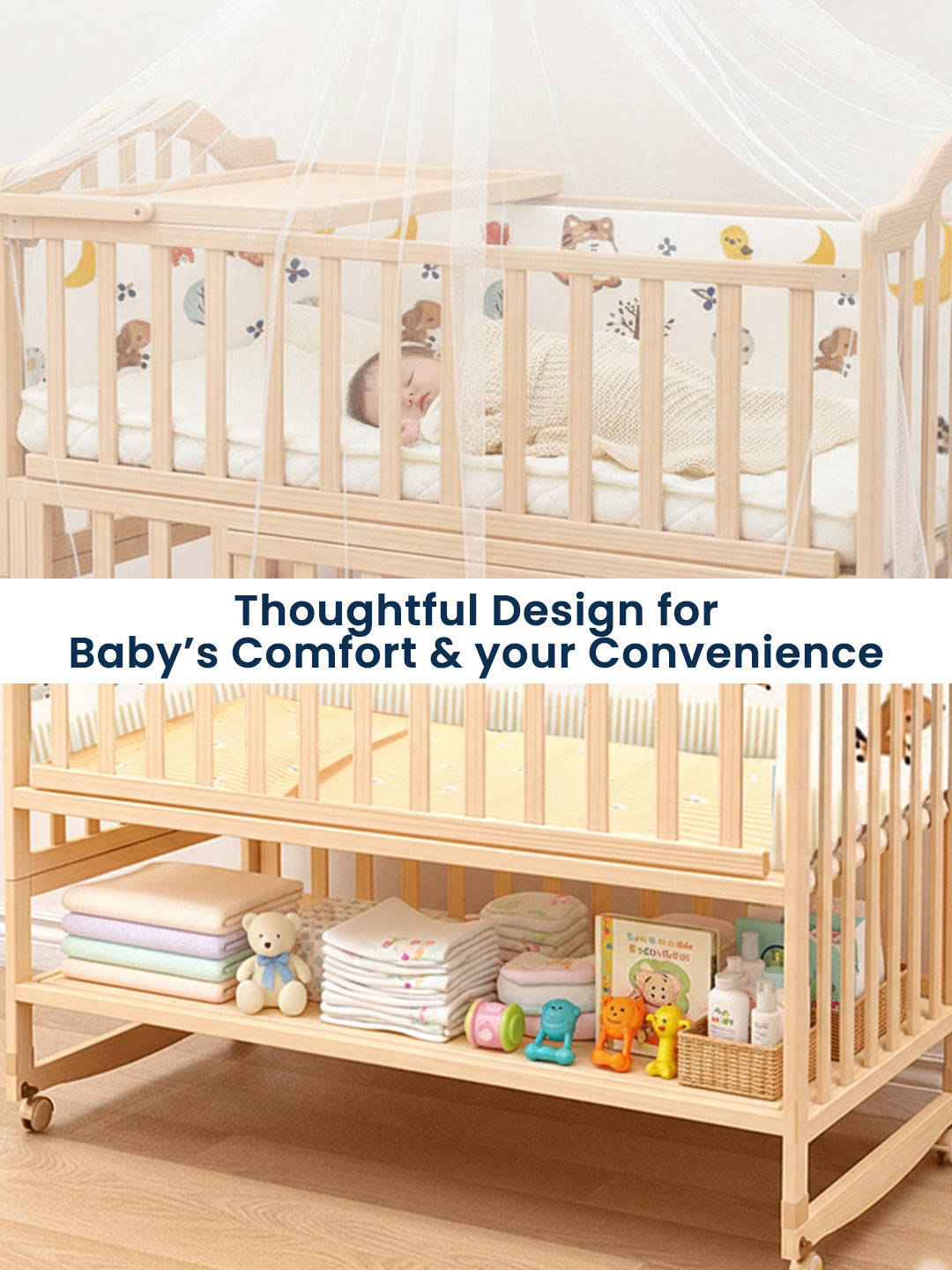 Wooden crib with baby items on a light wooden floor