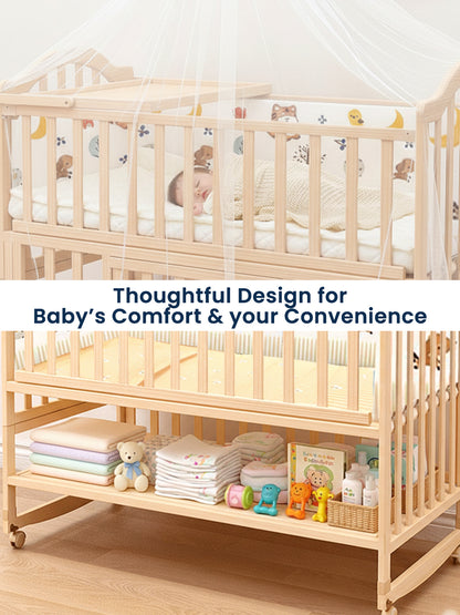 Wooden crib with baby items on a light wooden floor