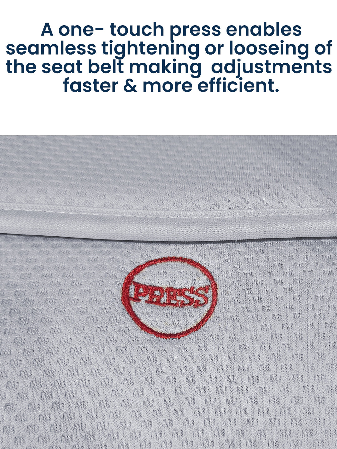 Close-up of a seat belt with a 'PRESS' button on a gray background
