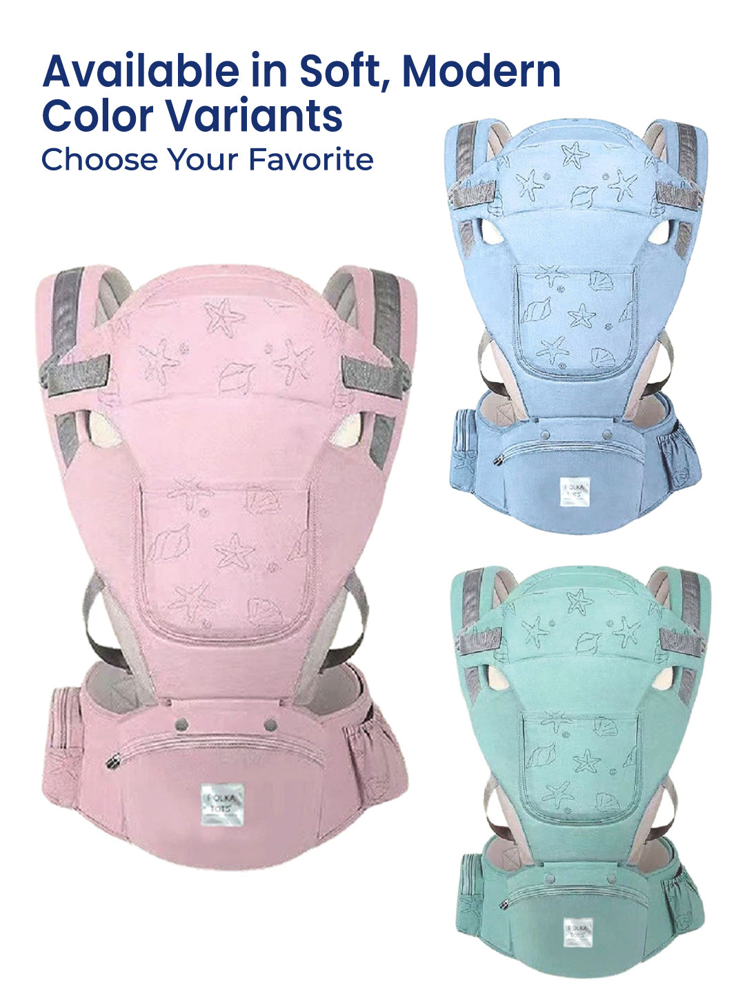 Three baby carriers in pink, blue, and green on a white background with text about color variants.