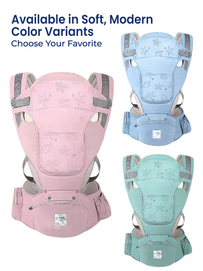 Three baby carriers in pink, blue, and green on a white background with text about color variants.