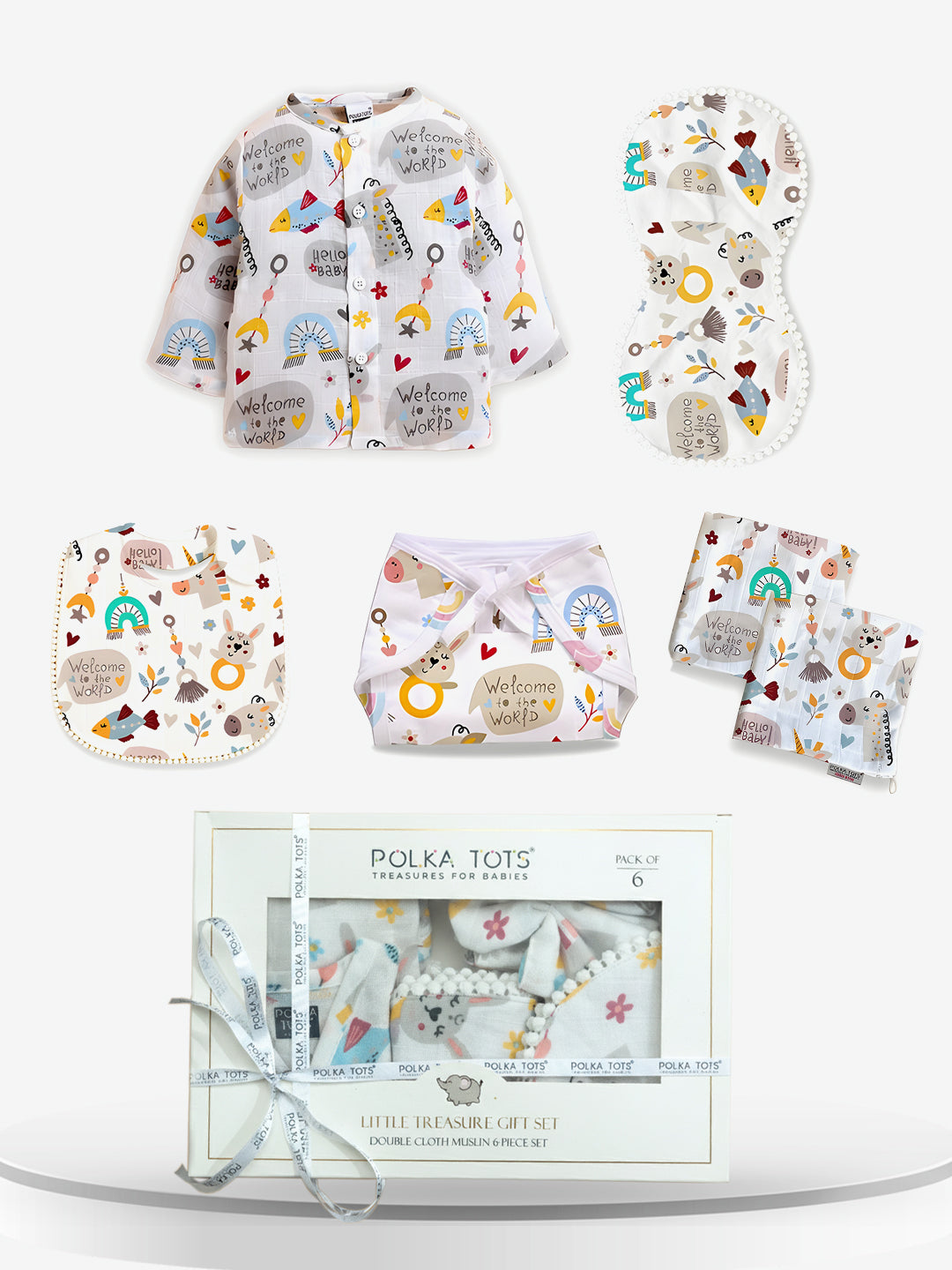 Polka Tots Newborn Pack of 6 100% Soft Double-Layer Muslin Cotton Essentials Gift Box - Hello Baby Print