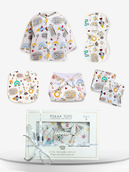 Polka Tots Newborn Pack of 6 100% Soft Double-Layer Muslin Cotton Essentials Gift Box - Hello Baby Print