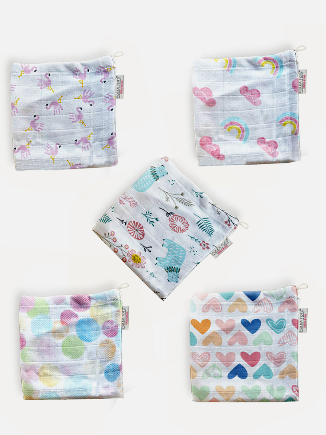 Polka Tots Newborn Pack of 5 100% Soft Muslin Cotton Washcloth Set
