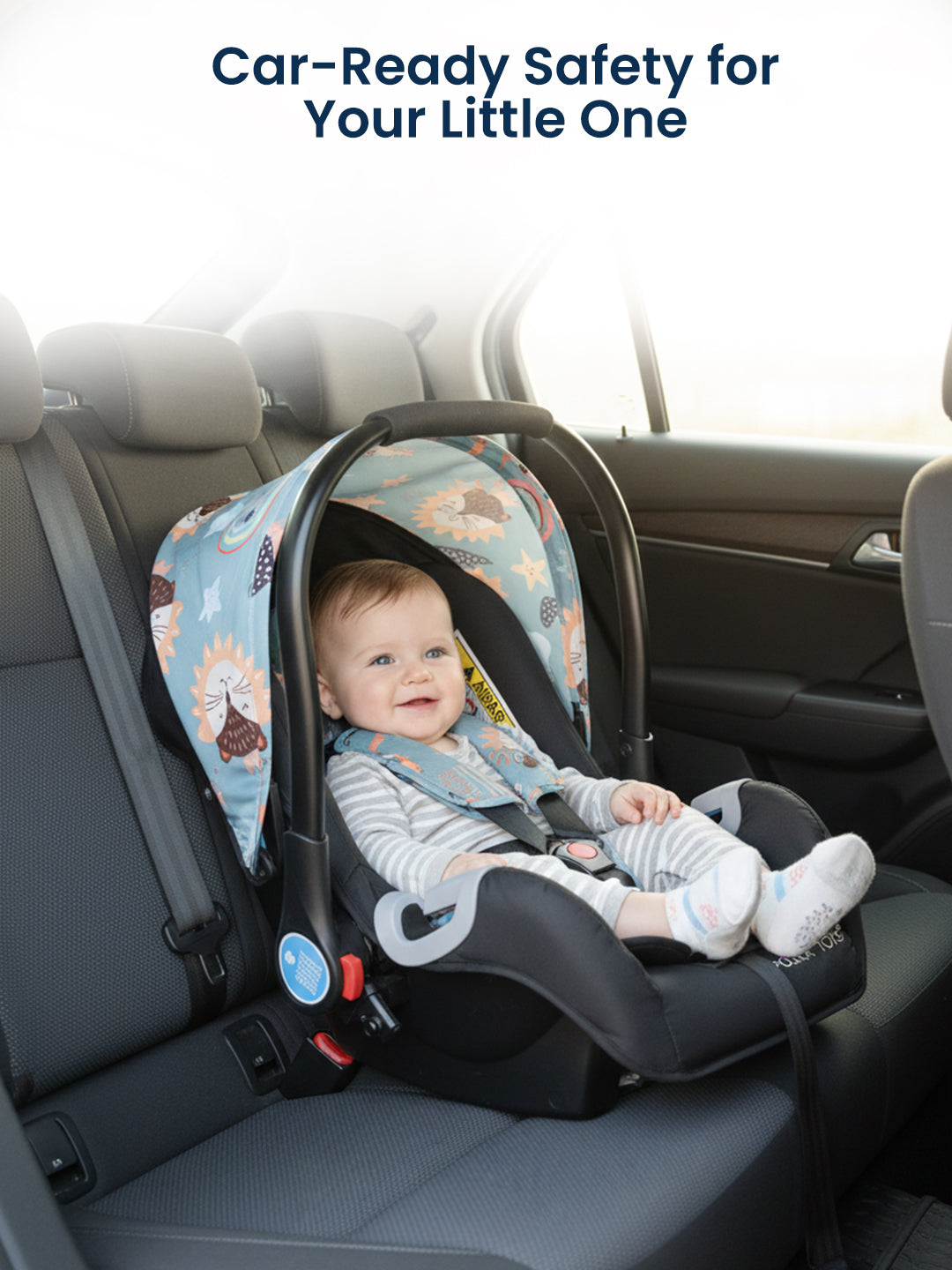 Baby in a car seat with floral pattern in a car, text 'Car-Ready Safety for Your Little One'.