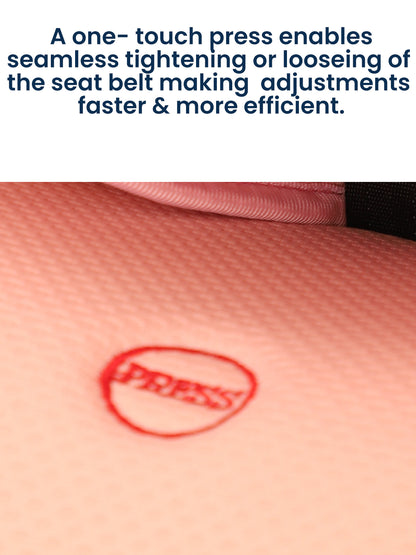 Close-up of a seat belt with a brand logo on a white background