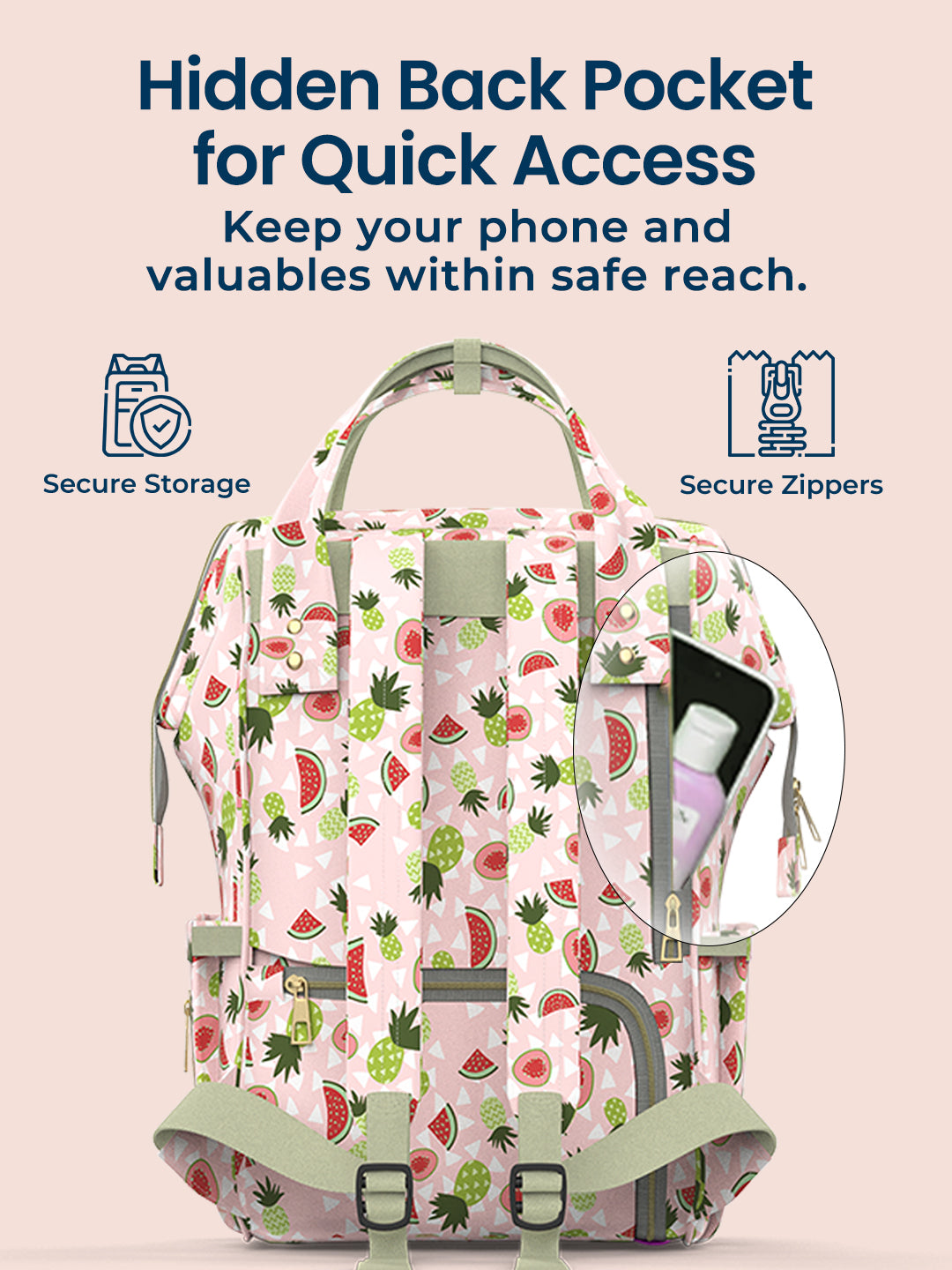 Backpack with watermelon pattern and hidden back pocket feature on a beige background
