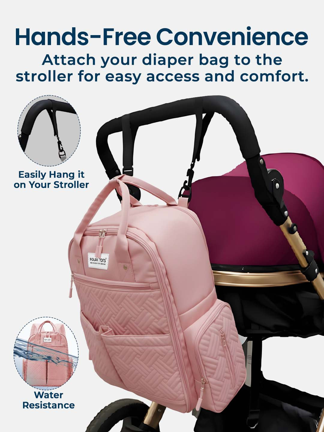 Pink diaper bag attached to a stroller with text highlighting features.