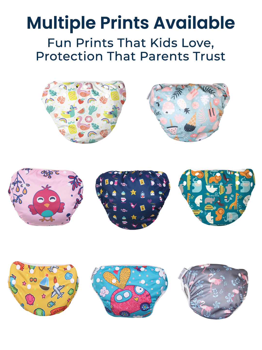 Colorful patterned baby diapers with text about available prints and parental trust.