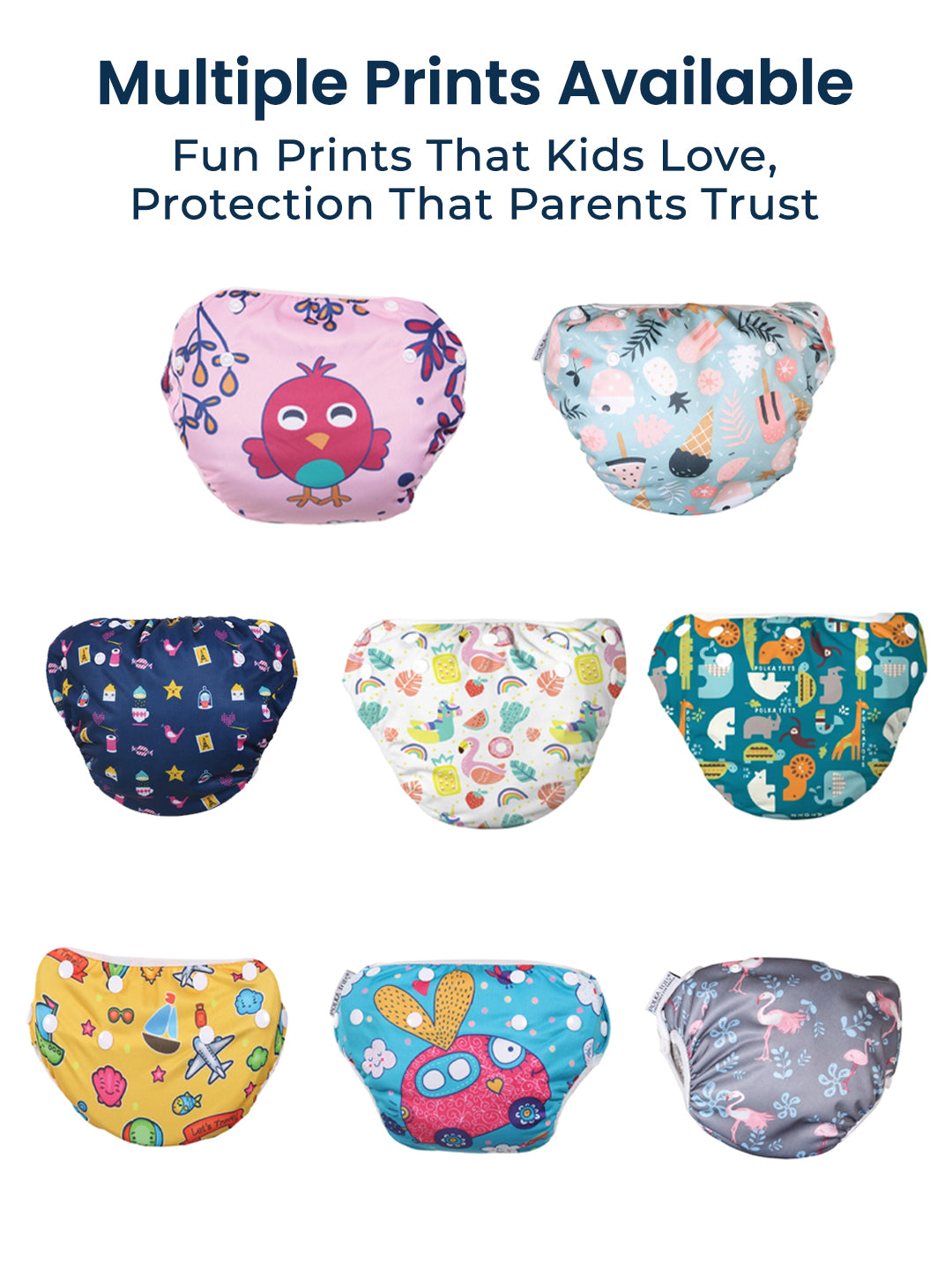 Colorful baby diapers with various patterns on a white background