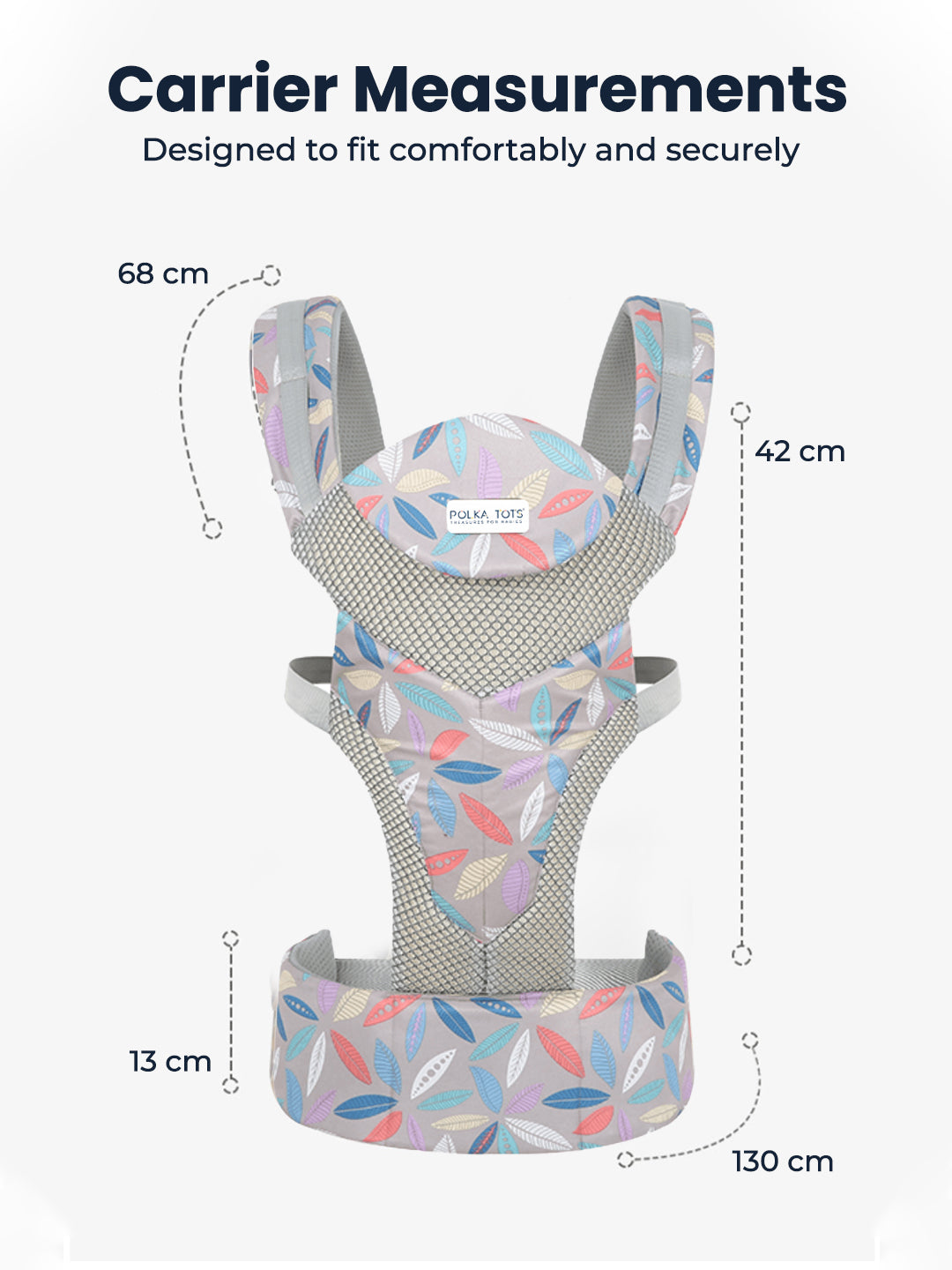 Baby carrier with measurements on a white background