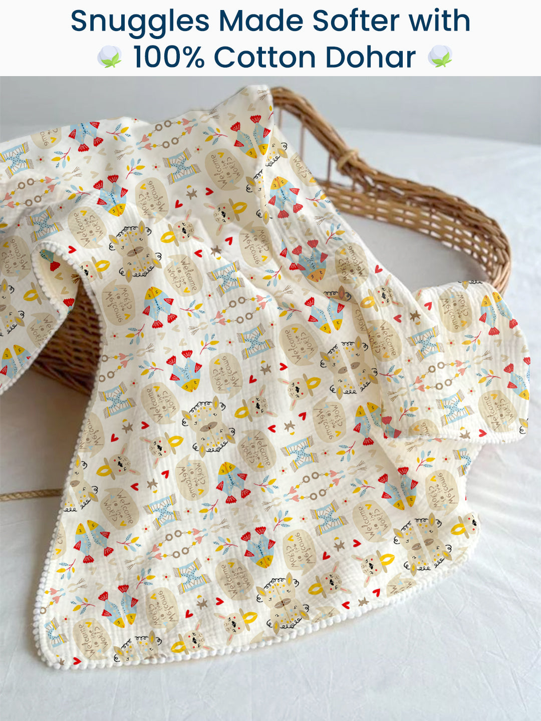 Polka Tots 100% Soft Muslin Cotton 3-Layer Reversible Baby Blanket/Dohar with Pom-Pom Lace - Jumbo Jr. & Hello Baby Print