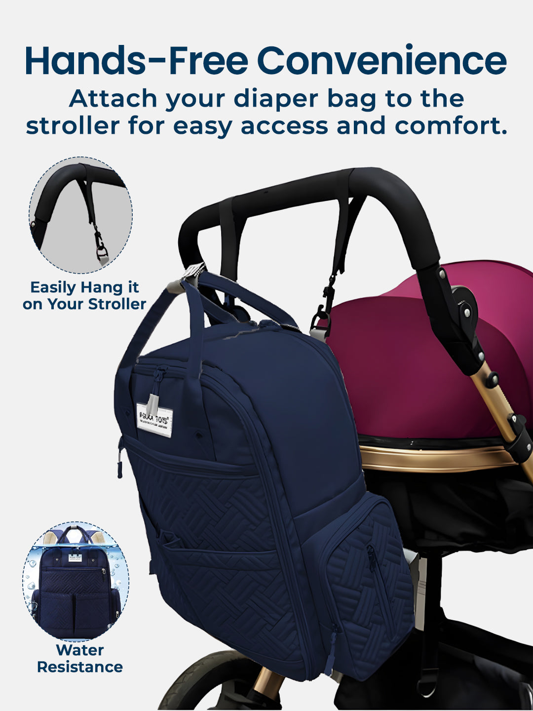 Navy blue diaper bag attached to a stroller with text highlighting hands-free convenience.
