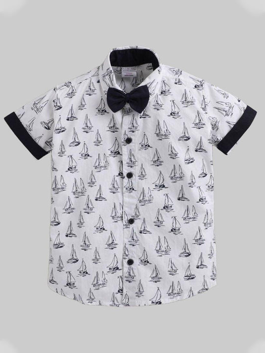 Polka Tots Half Sleeves Boat Print Shirt With Attached Bow Tie - White
