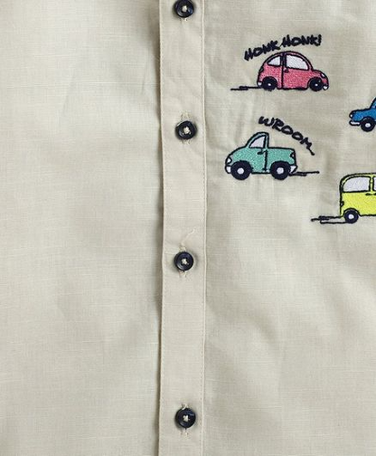 Polka Tots Full Sleeves Car Embroidered Shirt - Beige