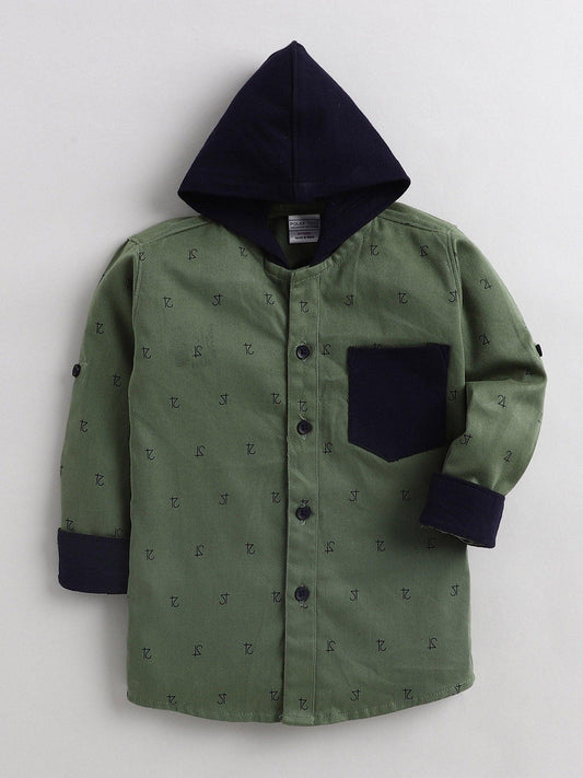 Polka Tots Full Sleeves Printed Hooded Kids Shirt - Green