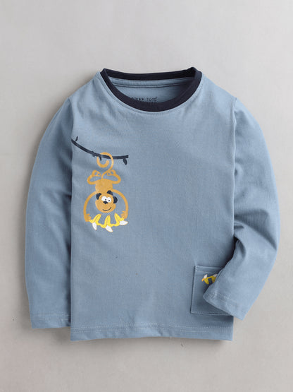 Polka Tots Full Sleeves Monkey Printed Kids Tshirt - Blue
