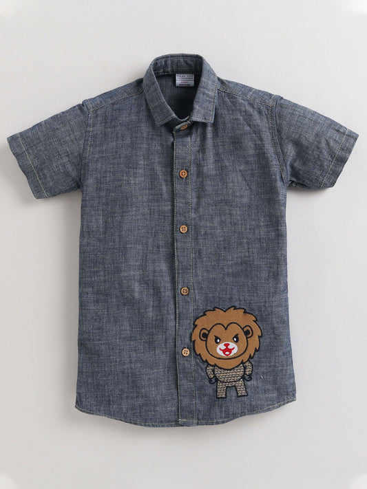 Polka Tots Half Sleeve Denim Shirt Blue (Lion)