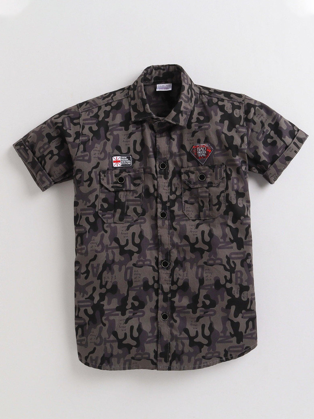 Polka Tots Half Sleeves Camouflage Print Detailing Shirt - Grey