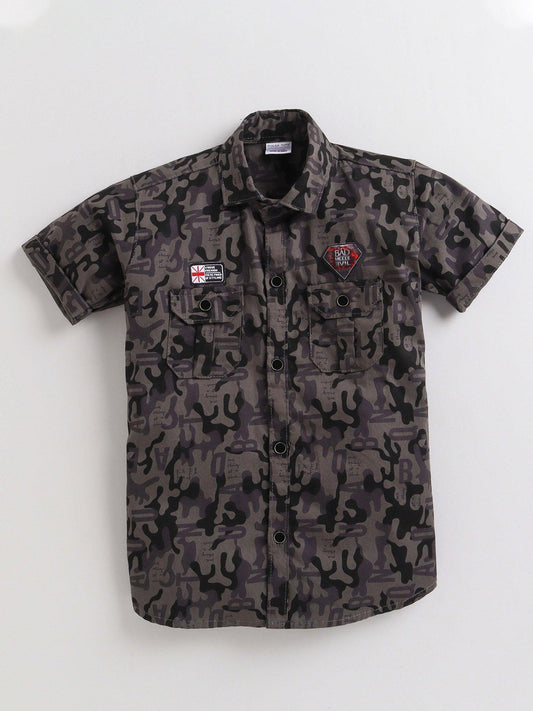 Polka Tots Half Sleeves Camouflage Print Detailing Shirt - Grey