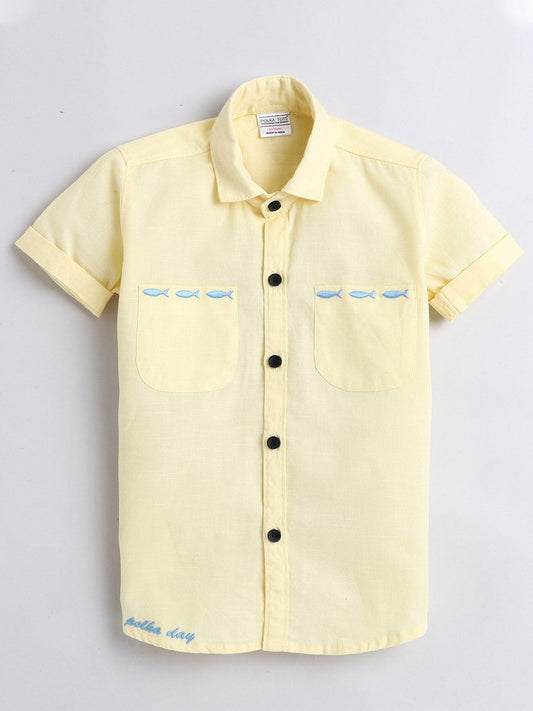 Polka Tots Half Sleeves Fish Embroidery Detailing Shirt - Yellow