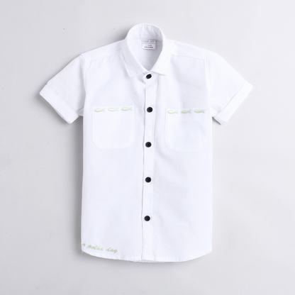 Polka Tots Half Sleeves Fish Embroidery Detailing Shirt - White
