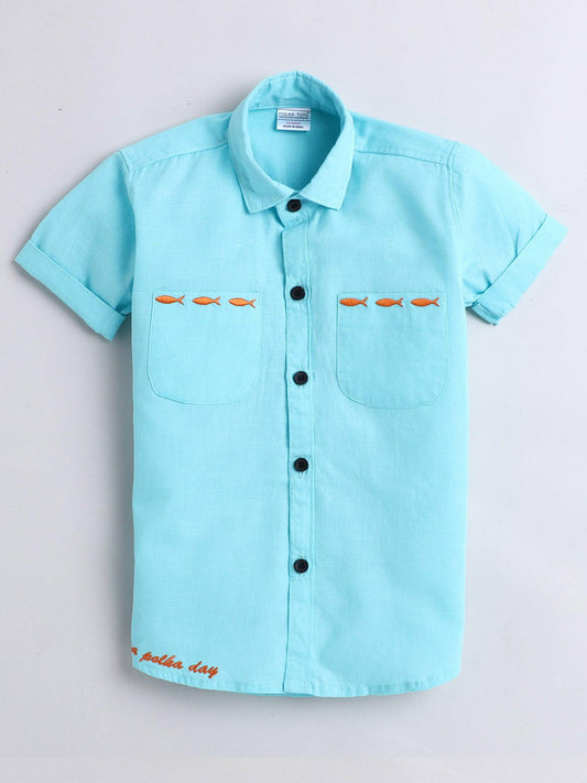 Polka Tots Half Sleeves Fish Embroidery Detailing Shirt - Blue