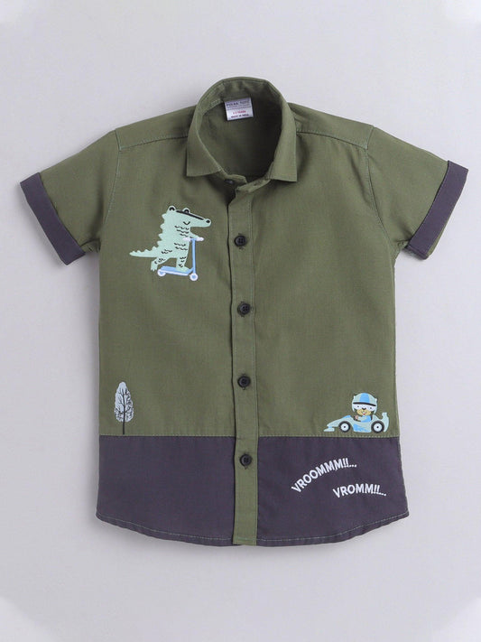 Polka Tots Half Sleeves Crocodile Print Shirt - Green