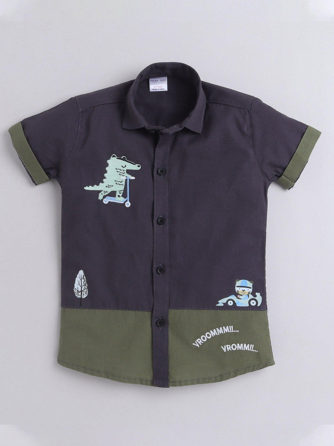 Polka Tots Half Sleeve Shirt 100% Cotton Linen Look Dinosaur Car - Grey