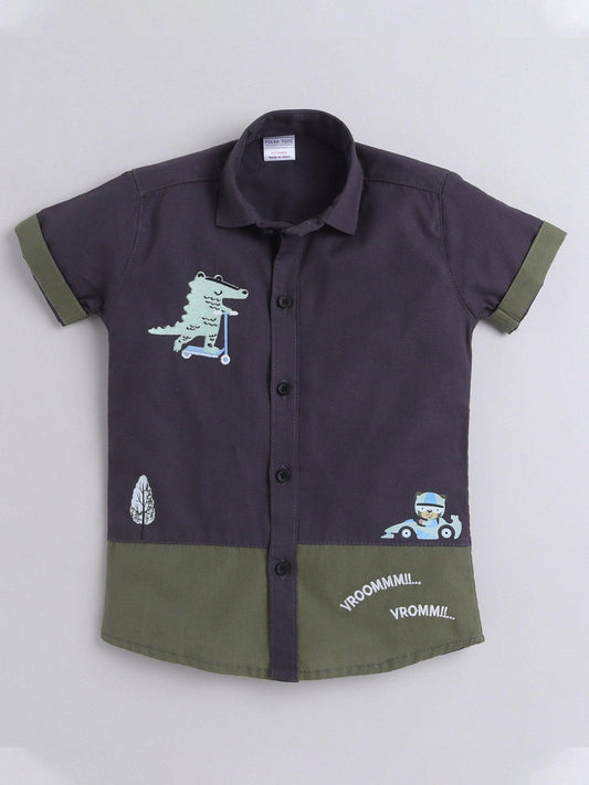 Polka Tots Half Sleeve Shirt 100% Cotton Linen Look Dinosaur Car - Grey