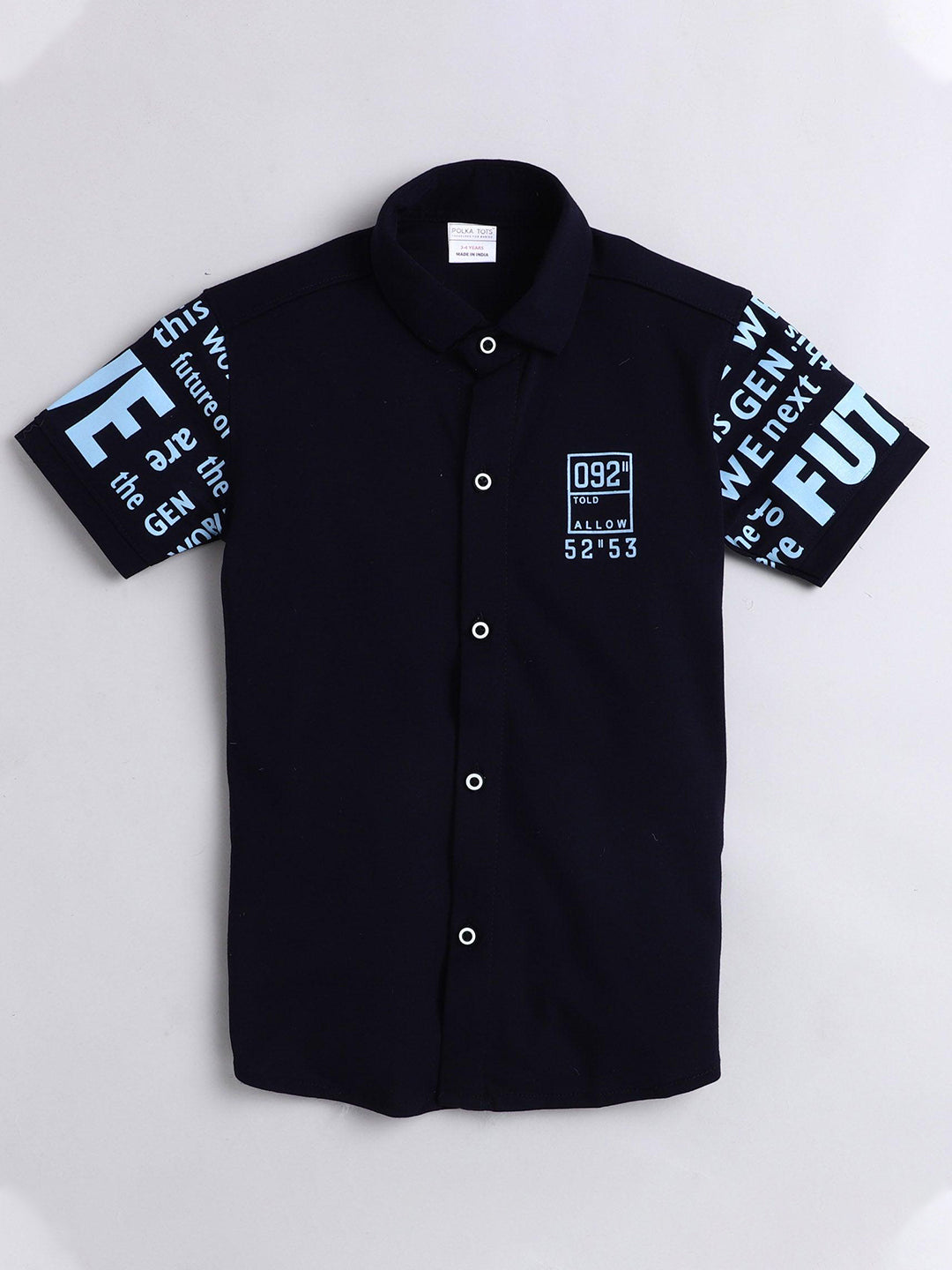 Polka Tots Half Sleeves Text Printed Shirt - Navy Blue