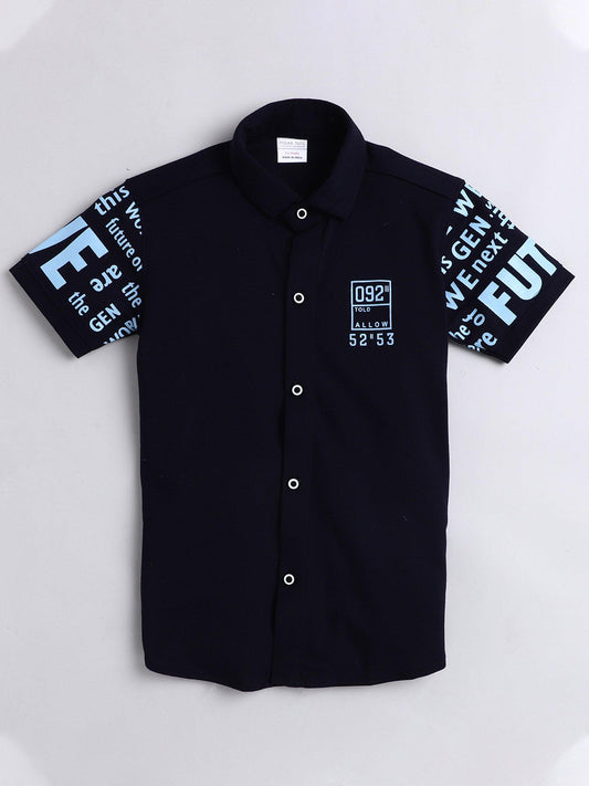 Polka Tots Half Sleeves Text Printed Shirt - Navy Blue