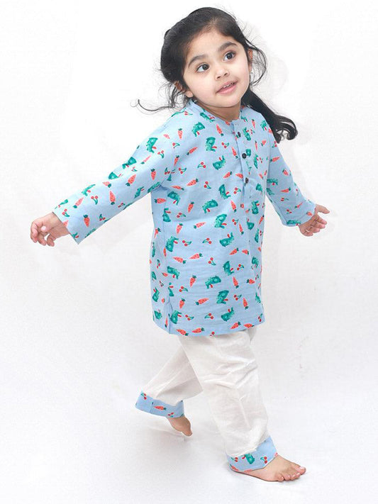 Polka Tots Carrot print Full sleeves Nightwear Kurta pyjama set - Blue