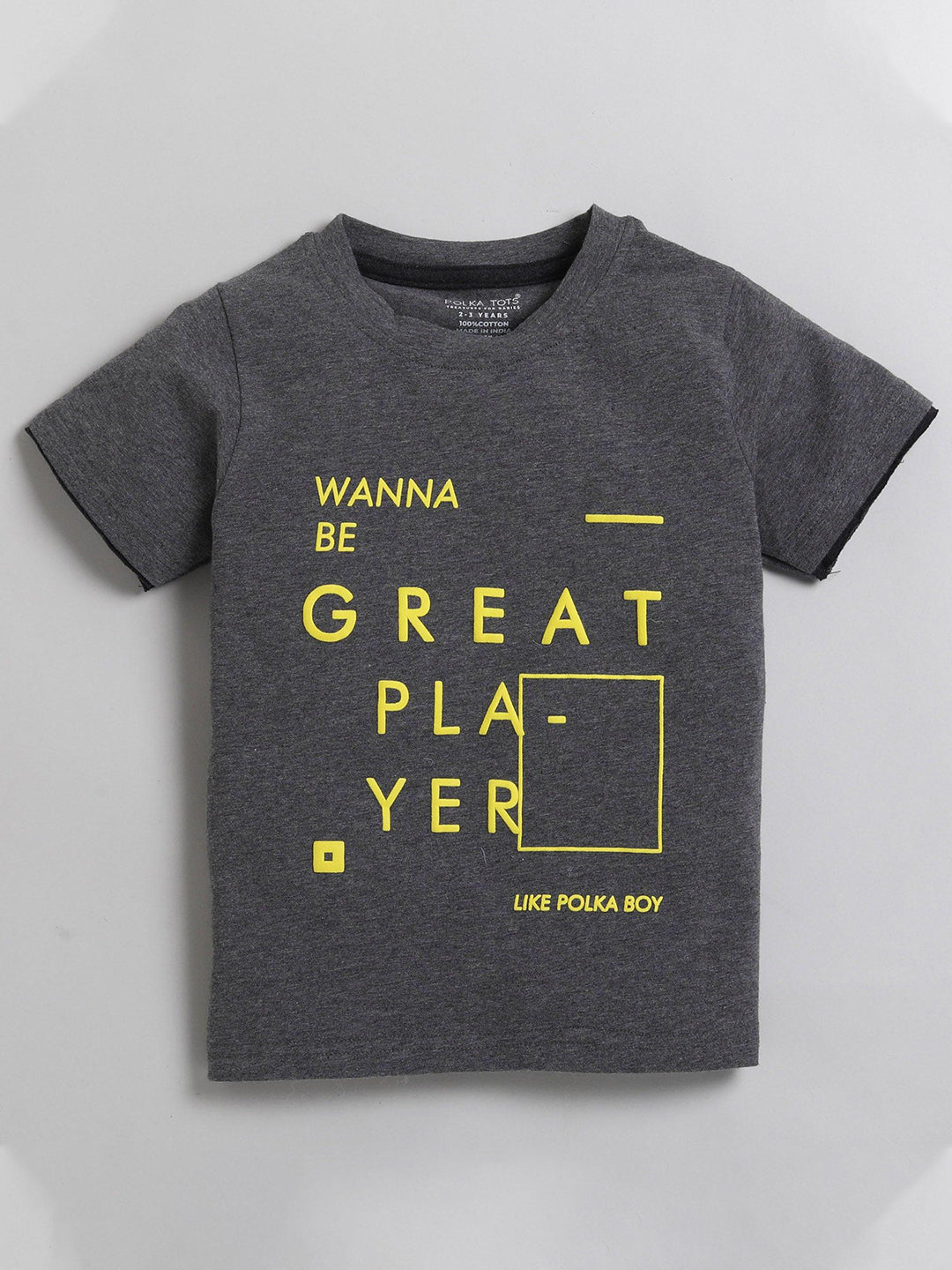 Polka Tots Half Sleeve T-Shirt 100% Cotton Great Player Print - Grey