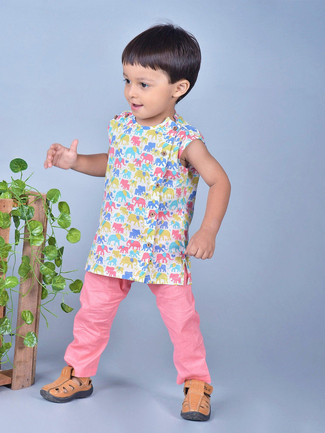 Polka Tots Elephant Print Sleeveless Jhabla and Pant Set - White & Purple