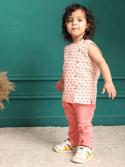 Polka Tots Camel Print Sleeveless Jhabla and Pant Set - White & Pink