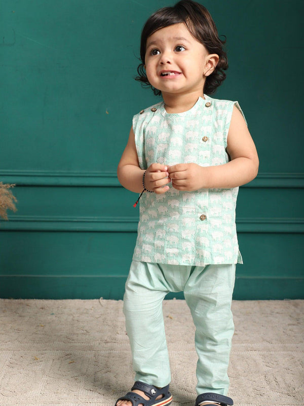 Polka Tots Elephant Print Sleeveless Jhabla and Pant Set - Light Green