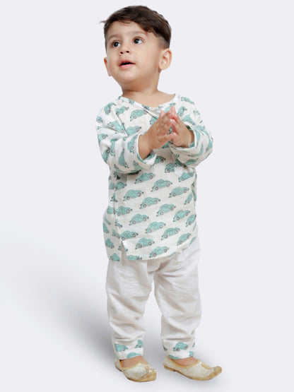 Polka Tots Car print Full sleeves Nightwear Kurta pyjama set - White
